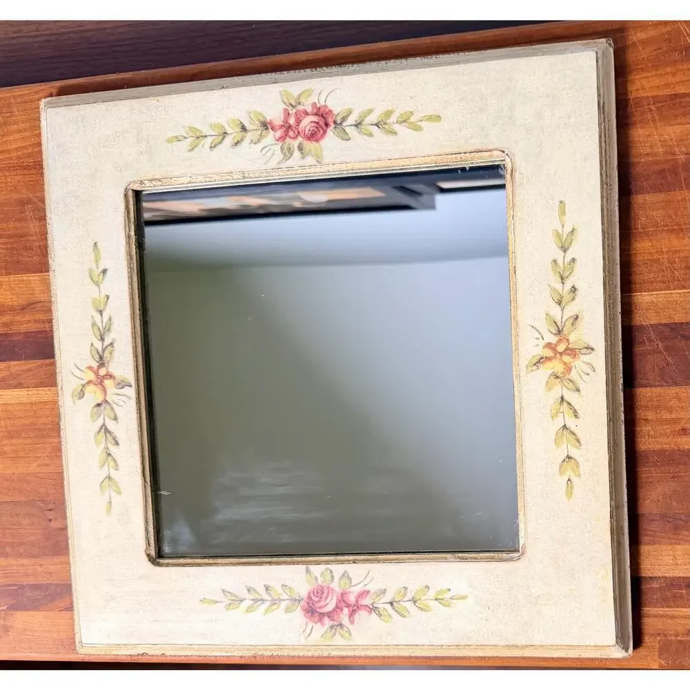 Vintage Hand-Painted Rose Floral Mirror, Cottagecore Shabby Chic Wall Decor